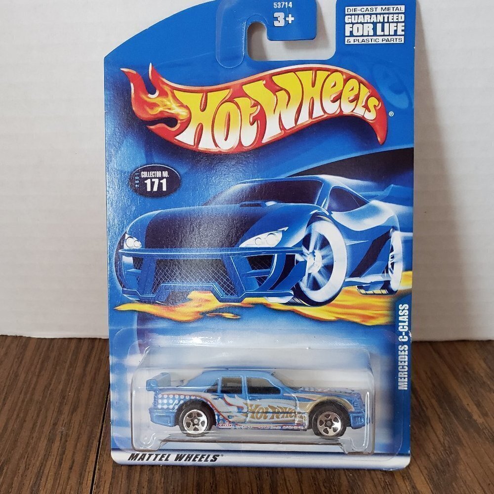 Hot Wheels 2001 Mainline Mercedes C-Class Blue w/ Gold Flames #171